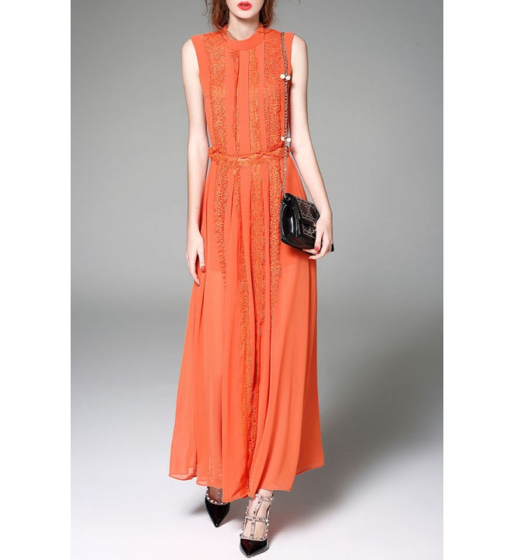 Orange Round Neck Sleeveless Lace Dress