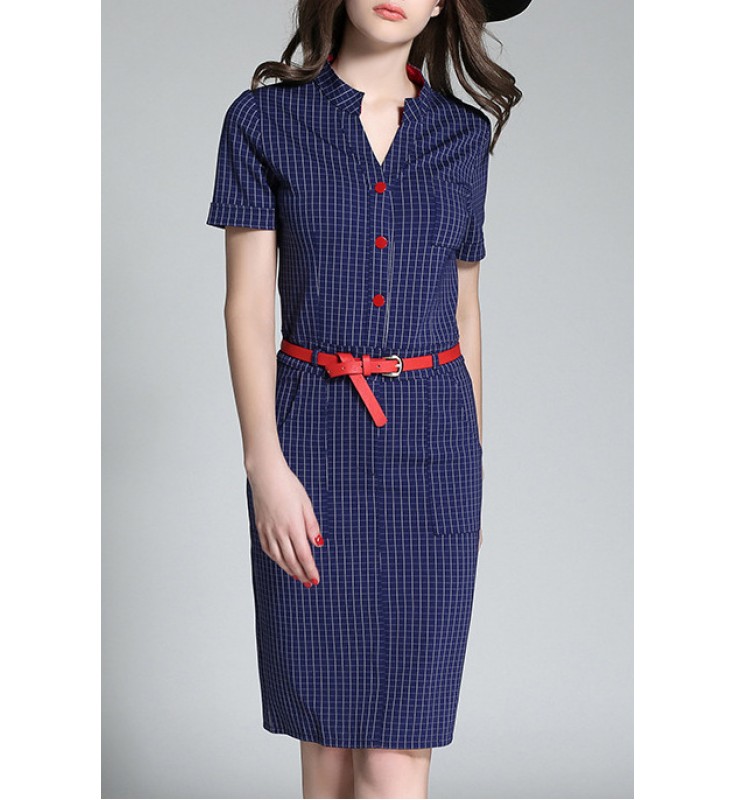 Navy Blue V Neck Plaid Belt Dress