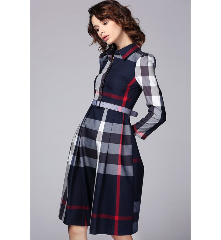 Blue Contrast Collar Plaid Dress