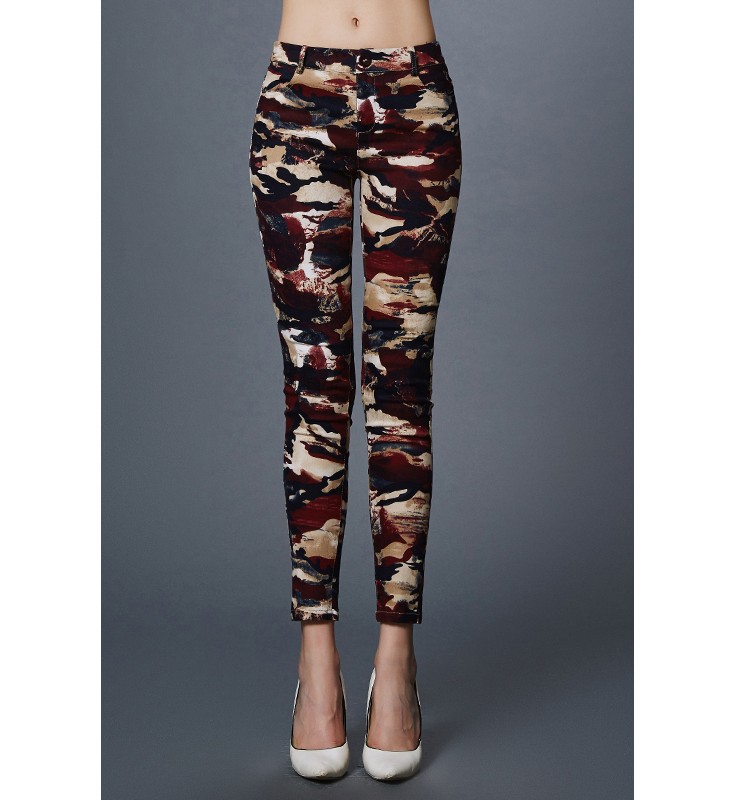 Red Abstract Print Pockets Pants