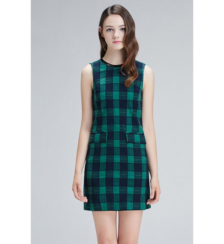 Green Plaid Sleeveless Dress