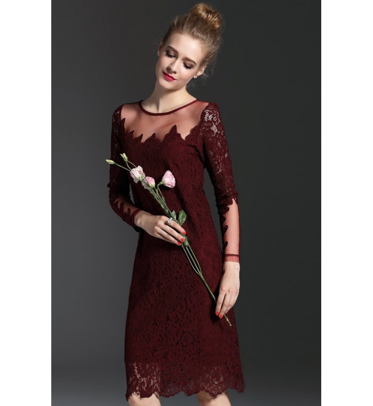 Burgundy Illusion Lace Dress