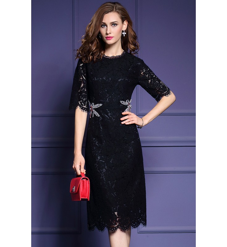 Black Lace Dragonfly Beaded Dress