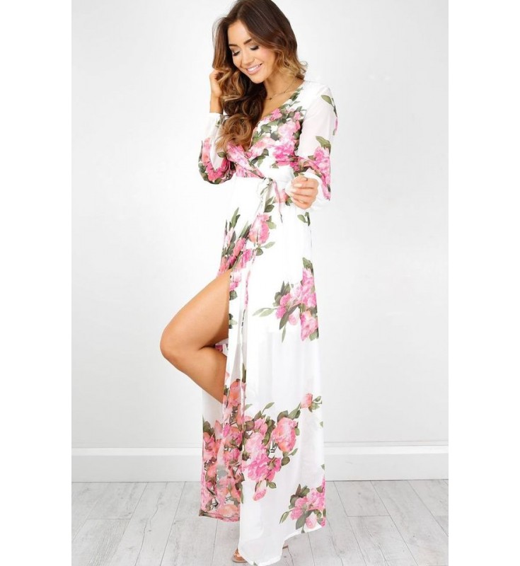 White Floral Slit Chiffon Maxi Dress