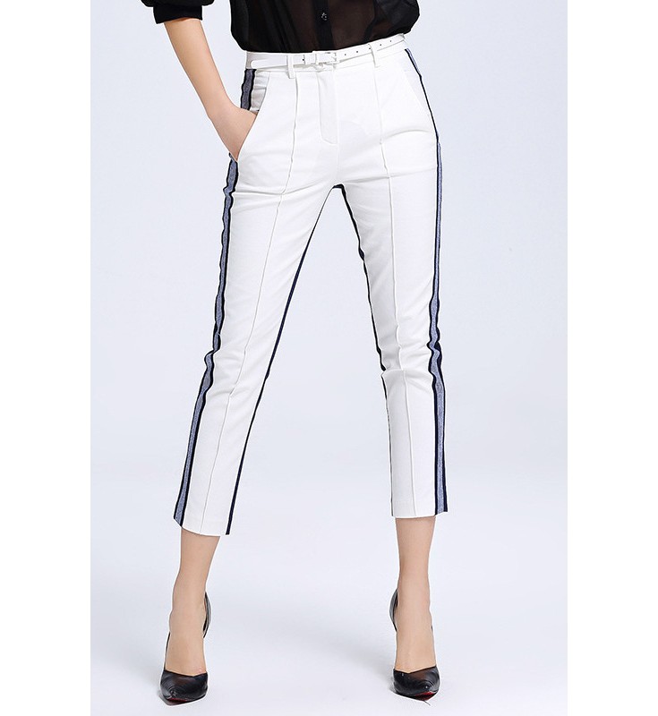 White and Blue Belted Color Block Pants