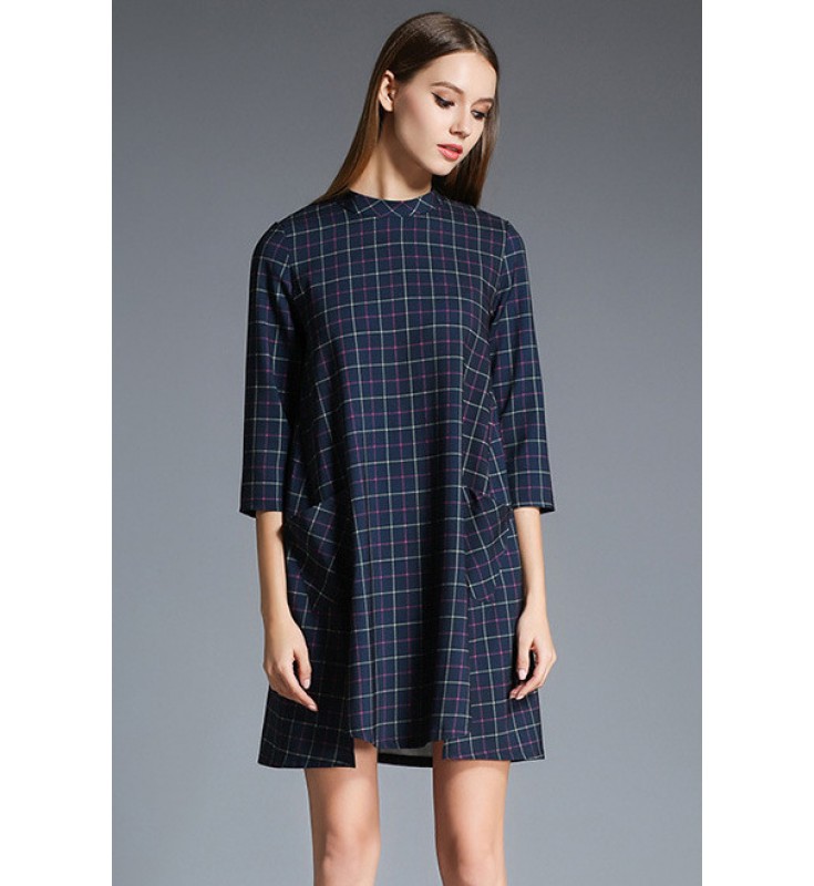 Navy Blue Side Slit Plaid Dress