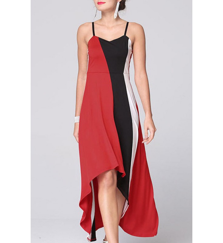 Red Color Block Asymmetrical Midi Dress