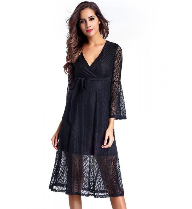 Black Lace Deep V-Neck Dress