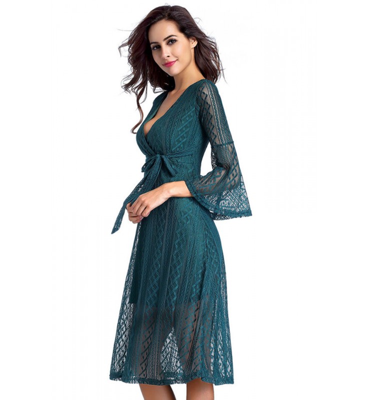 Green Lace Deep V-Neck Dress