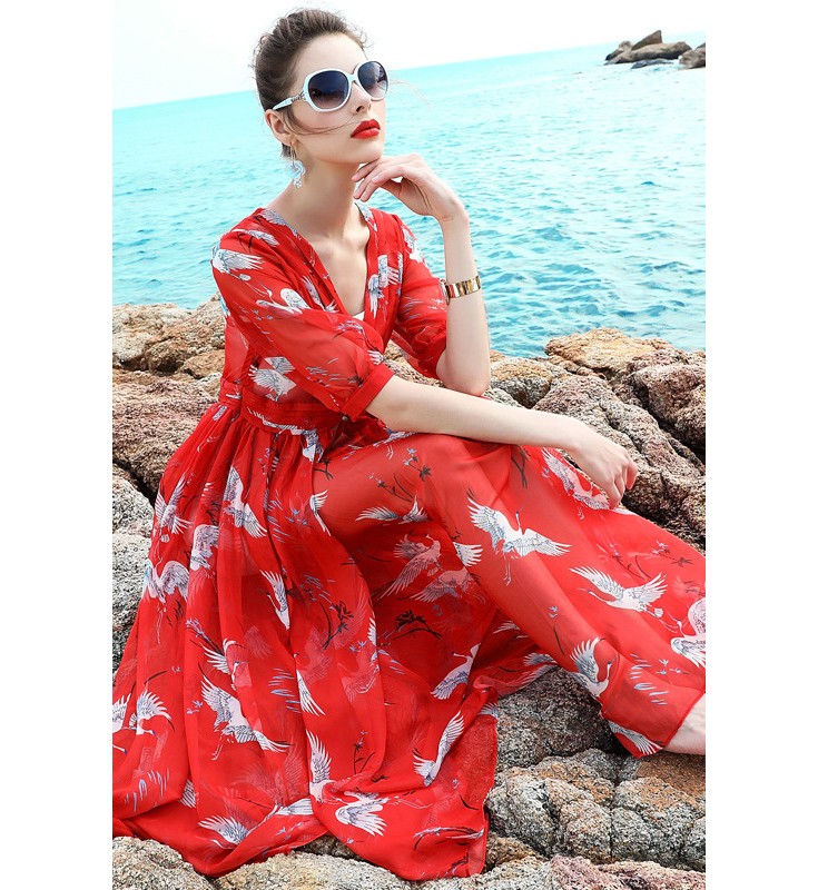 Red Print Wrap Chiffon Dress