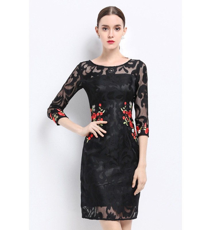 Black Embroidery Above Knee Length Lace Dress