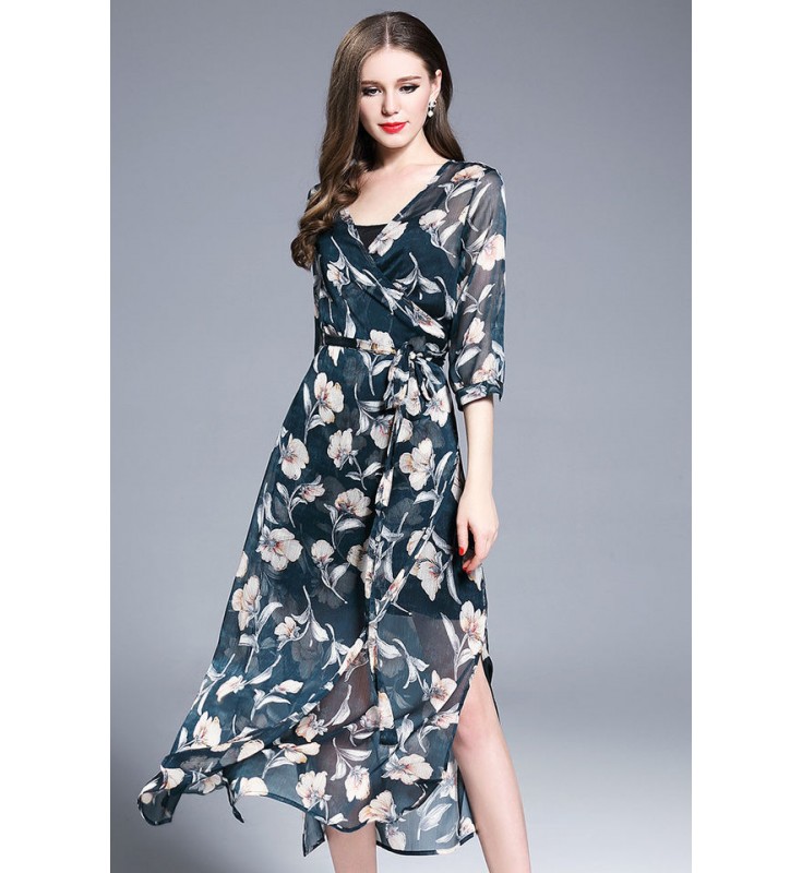 Hunter Green Floral Wrap Maxi Dress