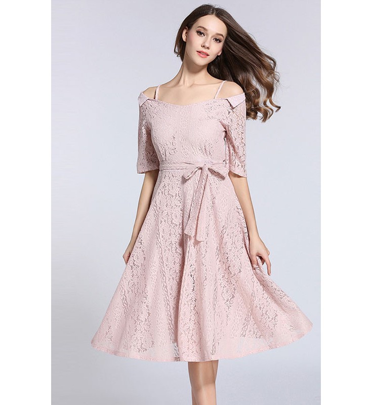 Pink Cold Shoulder Half Sleeves Belt Lace Dress