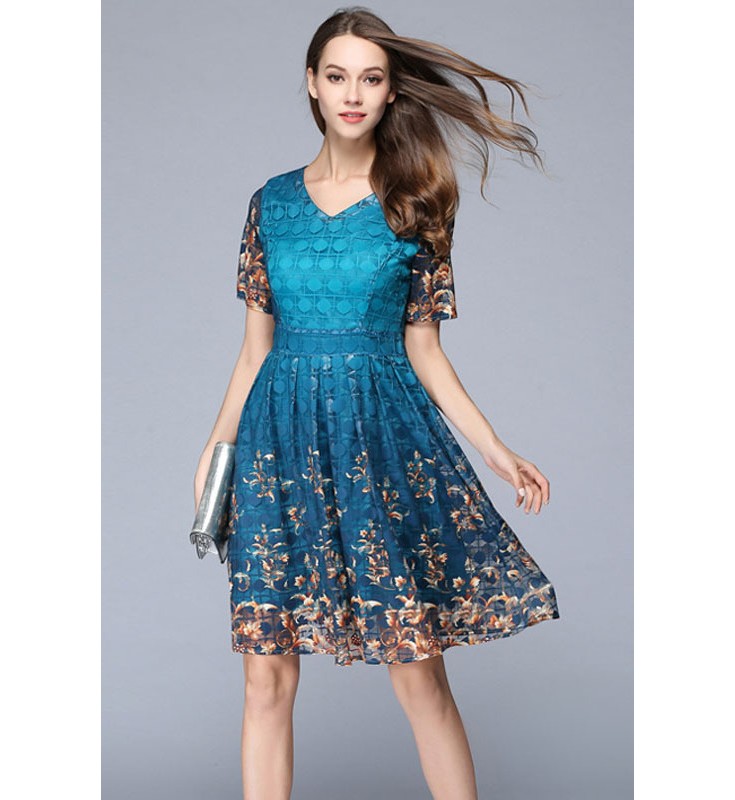 Blue Floral Print Knee Length Lace Dress