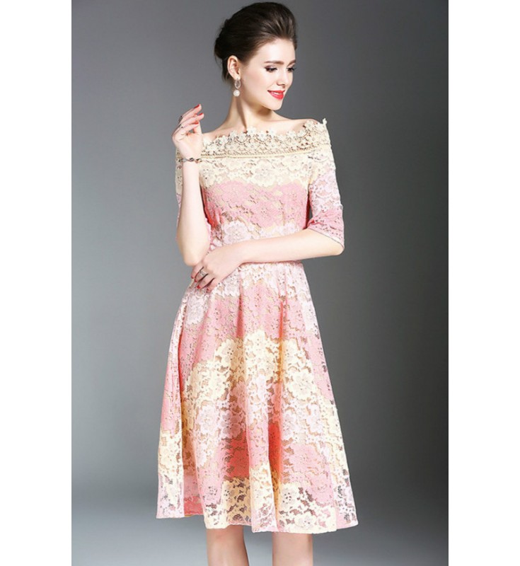 Pink Lace Off the Shoulder A-line Dress