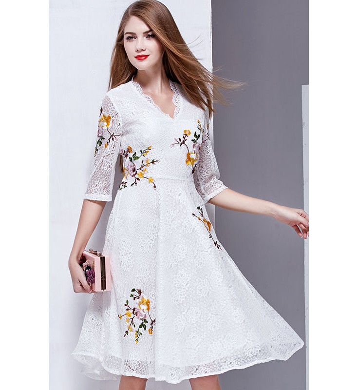 White Embroidery Lace Knee Length Dress