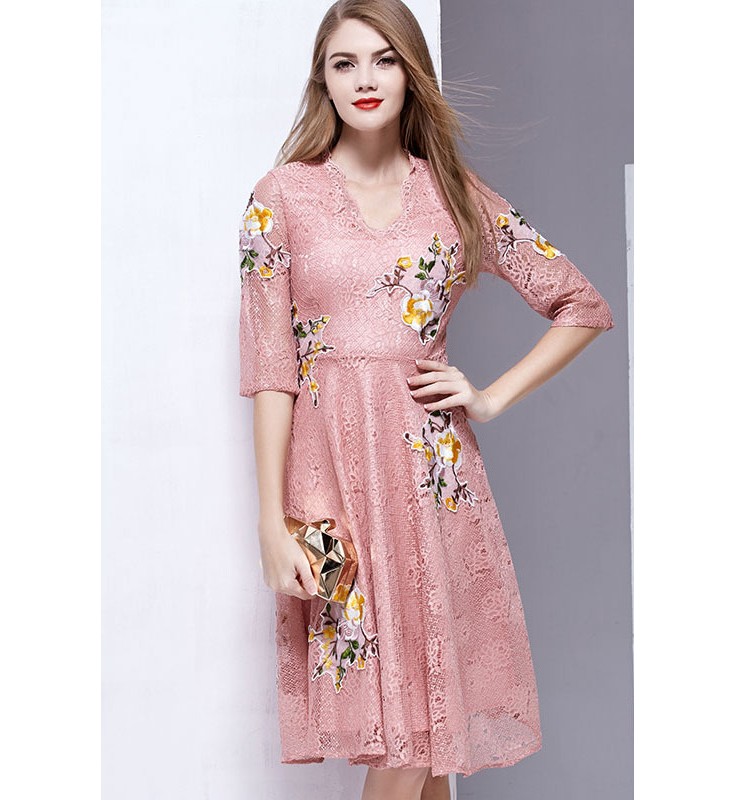 Pink Embroidery Lace Knee Length Dress