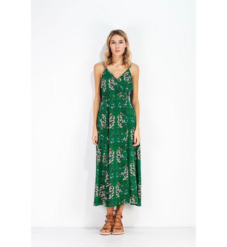 Green Print Slit V-neck Maxi Dress