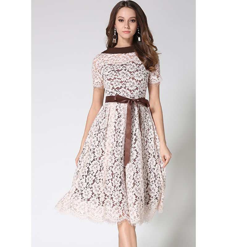 White Belt Lace Knee Length Dress