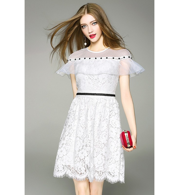 White Flutter Sleeves Lace Dress