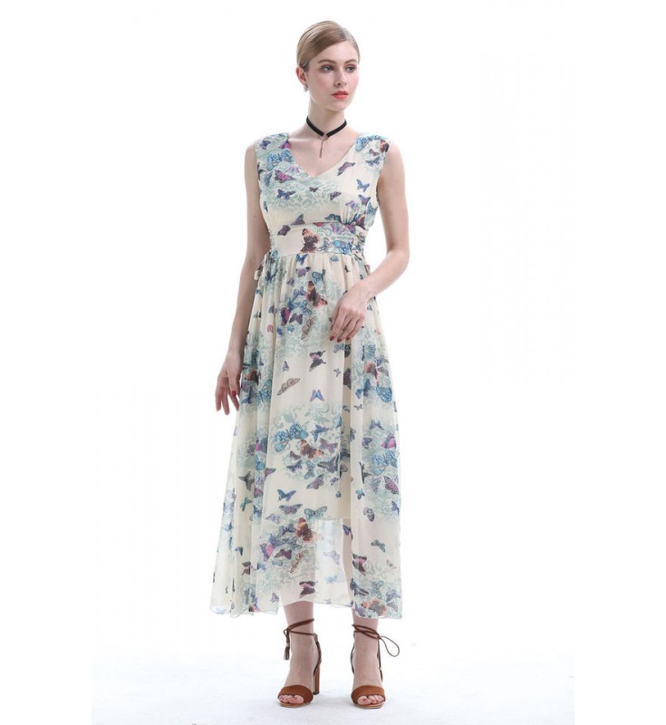 Sleeveless V-neck Floral Print  Maxi Dress