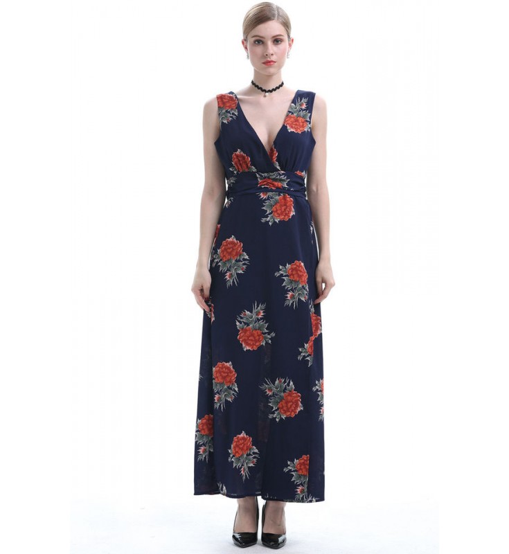 Dark Navy V-neck Floral Print Maxi Dress