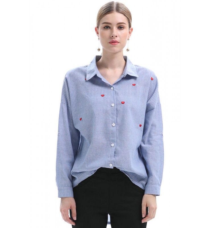 Blue Embroidered Button Down Blouse