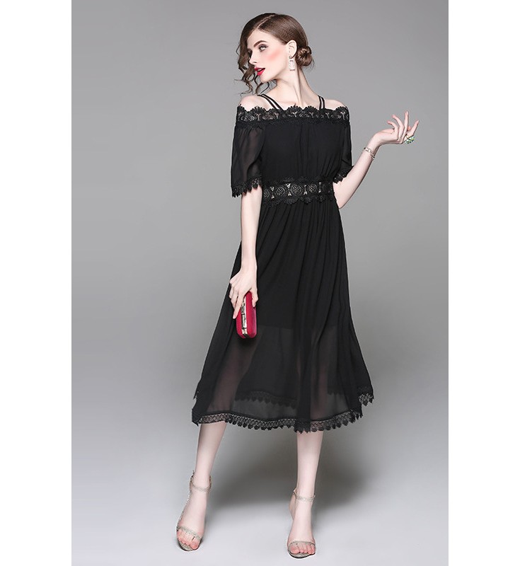 Black Hollow-out Lace Trimmed Chiffon Midi Dress