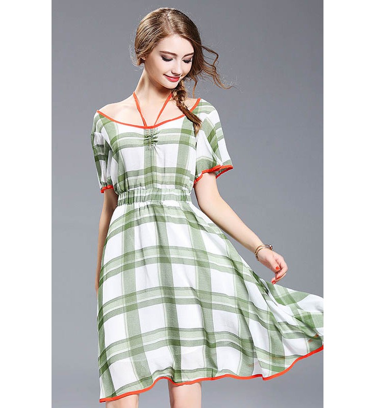 Green Halter Neck Plaid Dress