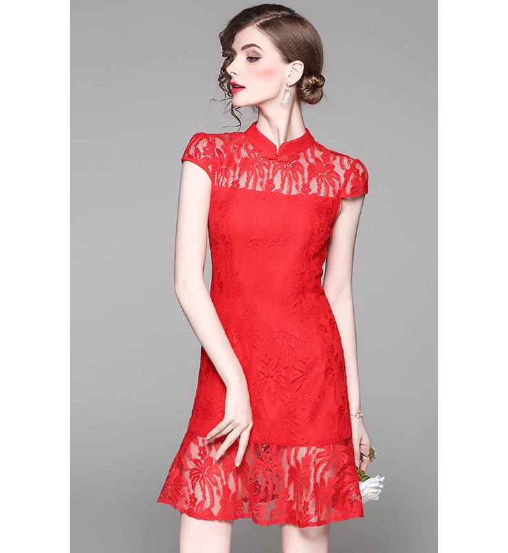 Red Mandarin Collar Short Sleeves Lace Dress