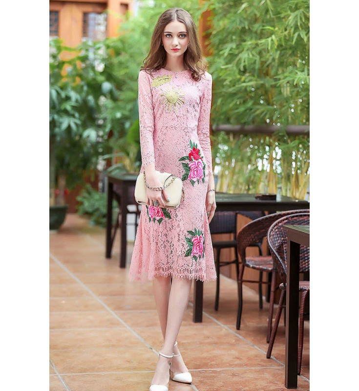 Pink Round Neck Long Sleeves Embroidered Dress