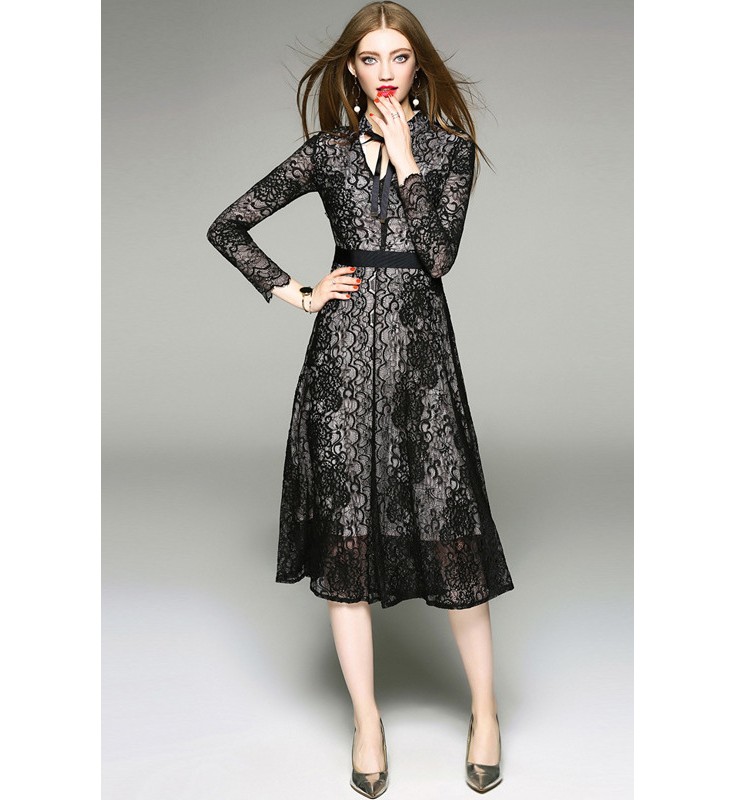 Black Tie Collar Long Sleeves Lace Dress