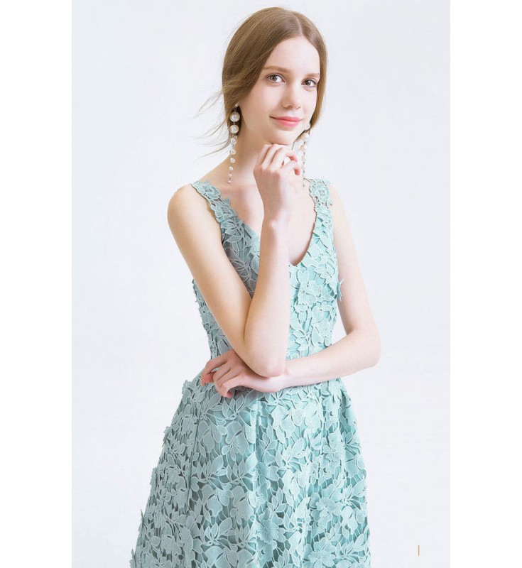 Blue V-neck Sleeves Lace Dress