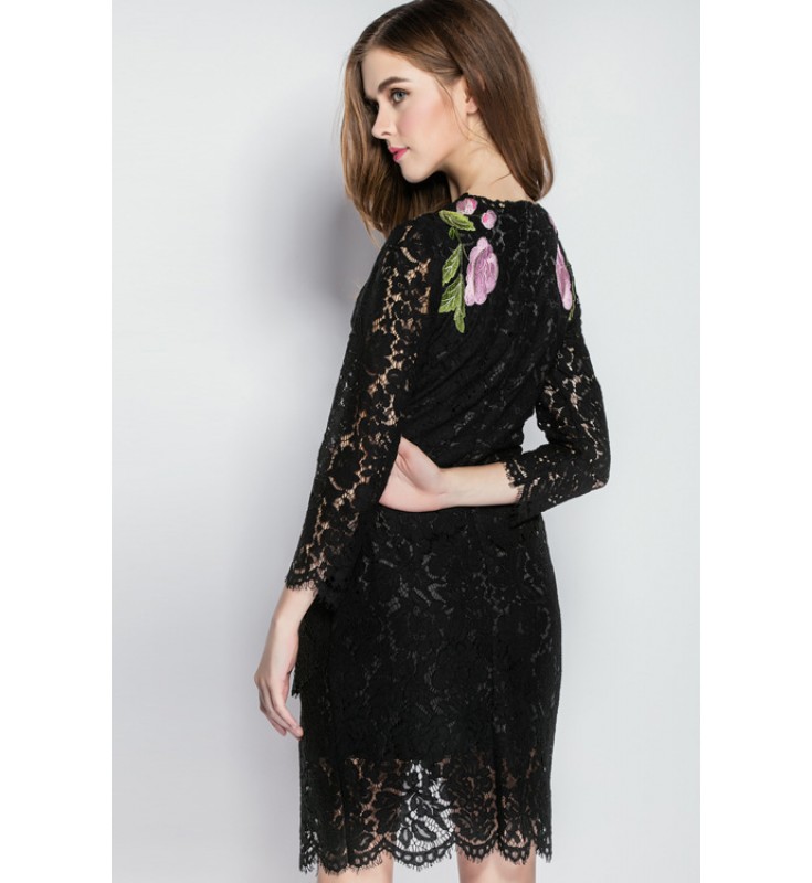 Black V-neck Long Sleeves Embroidered Lace Dress