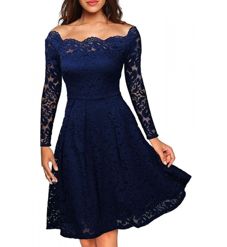 Dark Blue Boat Neck Long Sleeves A-line Lace Dress