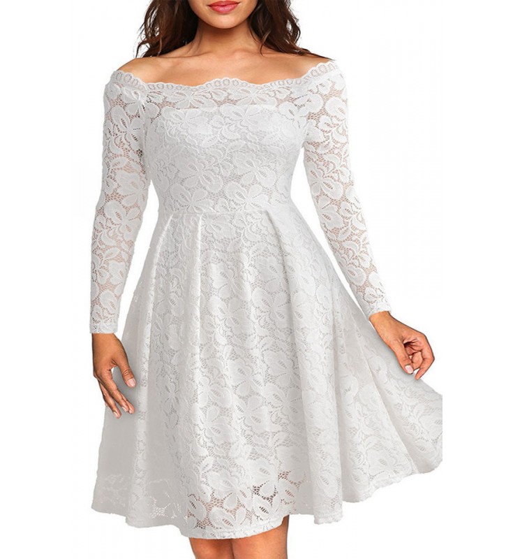 White Boat Neck Long Sleeves A-line Lace Dress