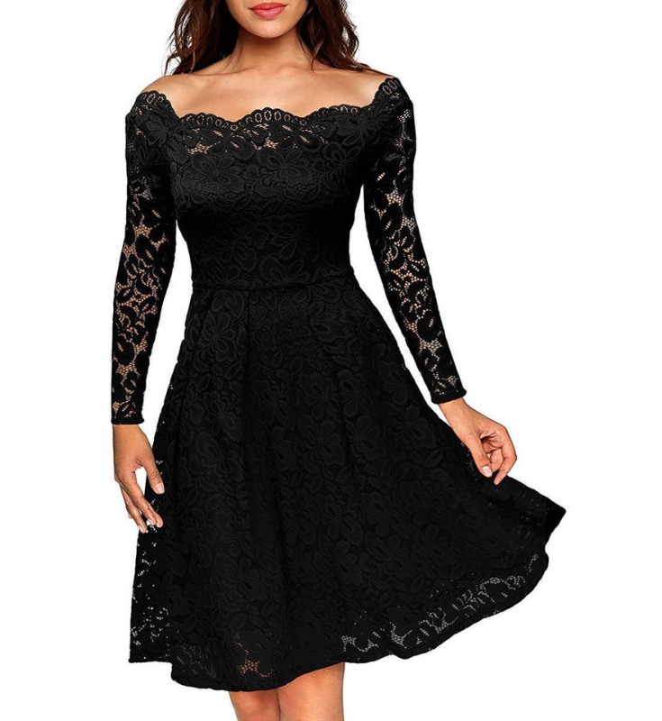 Black Boat Neck Long Sleeves A-line Lace Dress