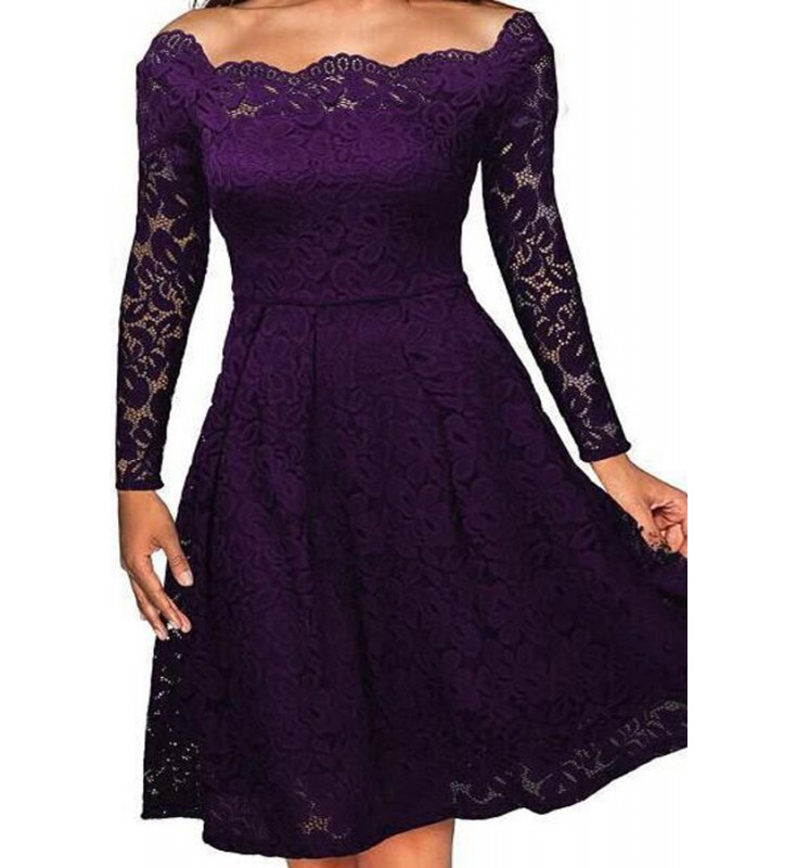 Purple Boat Neck Long Sleeves A-line Lace Dress