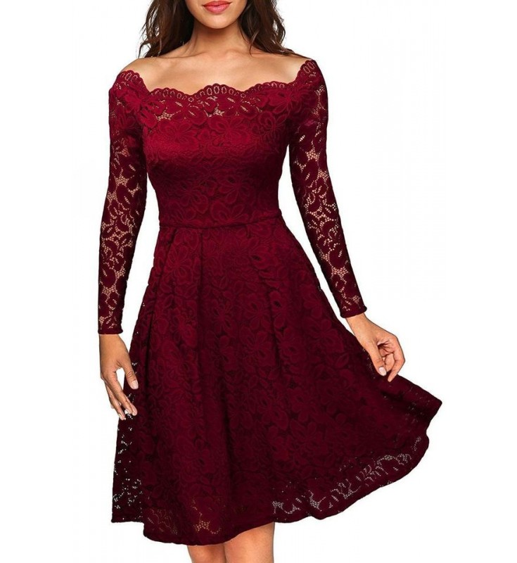 Burgundy Boat Neck Long Sleeves A-line Lace Dress