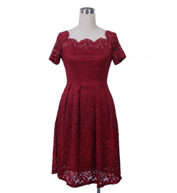 Burgundy Boat Neck Short Sleeves A-line Lace Dress