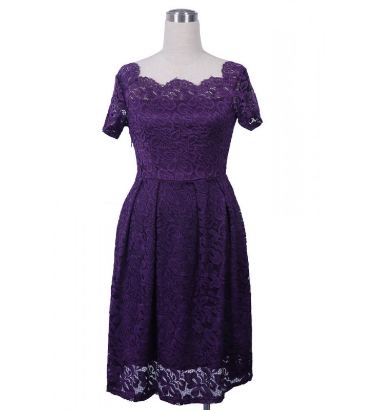 Purple Boat Neck Short Sleeves A-line Lace Dress