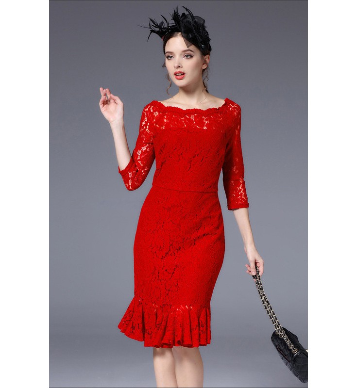 Warm Red Boat Neck Mermaid Dress