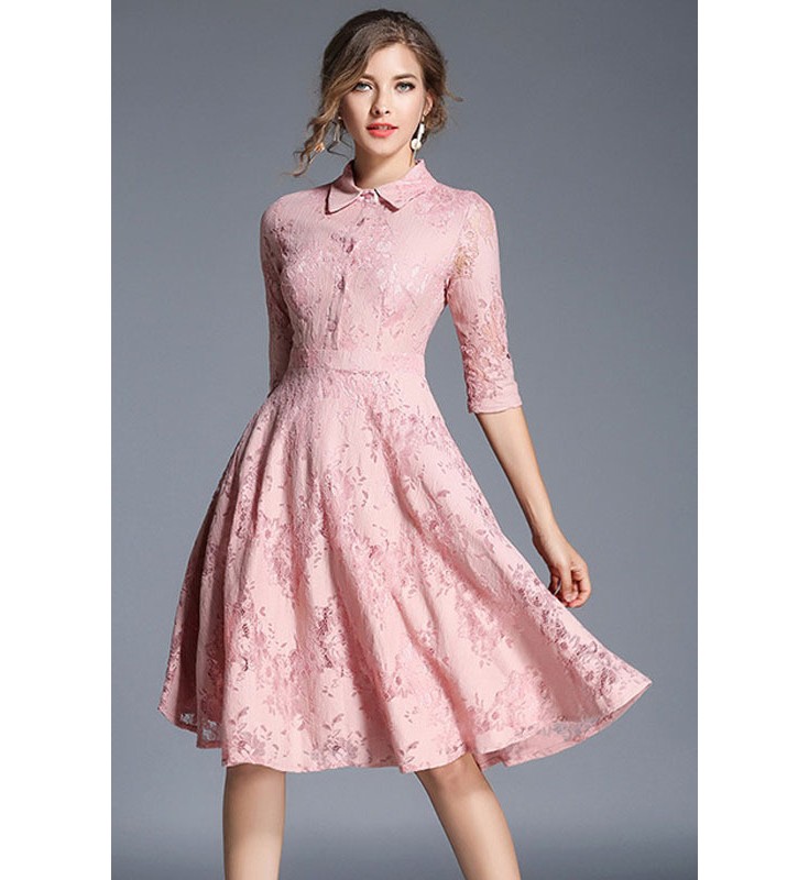 Pink Contract Collar Buttons A-line Lace Dress