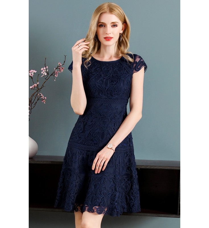 Dark Navy Round Neck Capped Sleeves Lace Dress