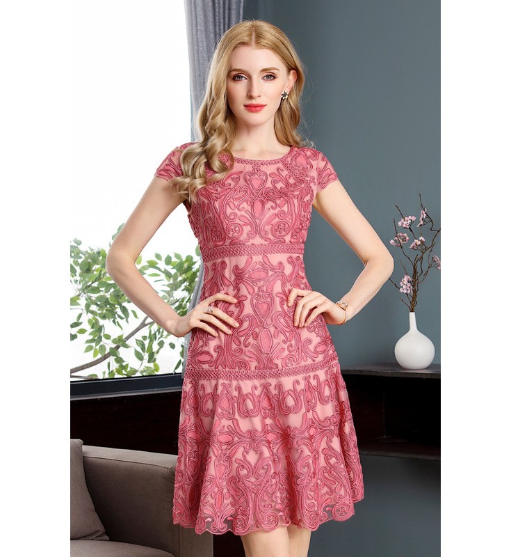 Pink Round Neck Capped Sleeves Lace Dress